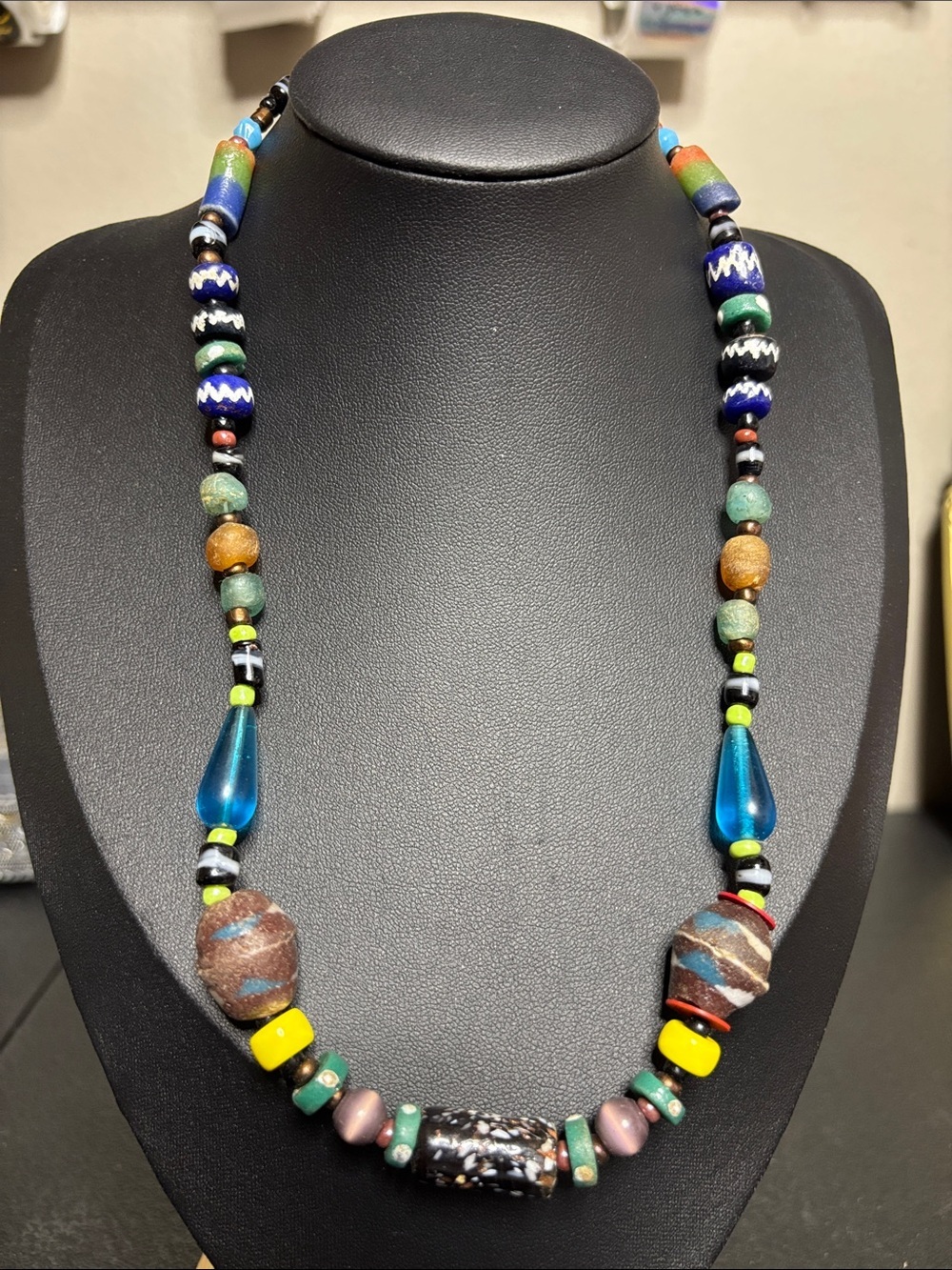 VTG Handmade Multicolor Bead Necklace Ceramic Glass Vibrant Blue Green & Yellow